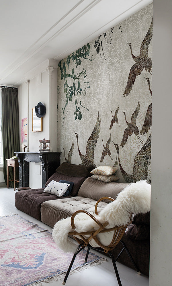 soaring oriental birds mural wallpaper
