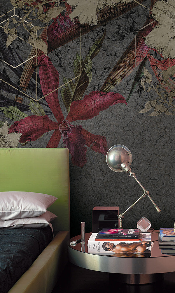 geometric floral on concrete mural wallpaper