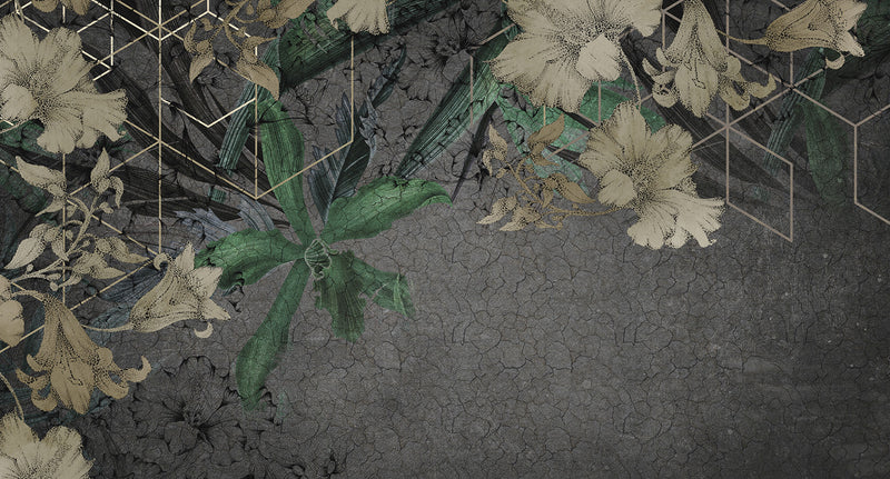geometric floral on concrete mural wallpaper
