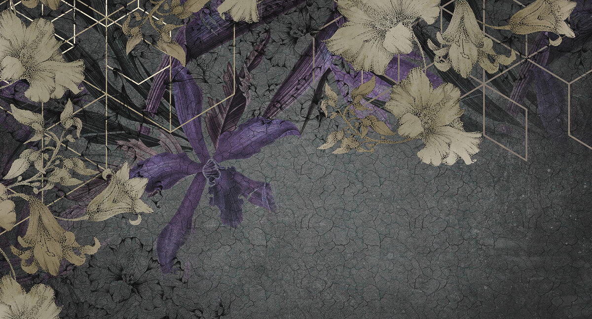 geometric floral on concrete mural wallpaper