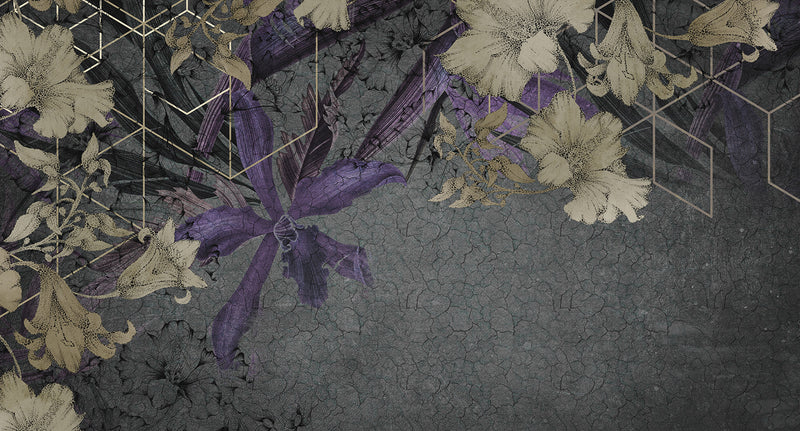 geometric floral on concrete mural wallpaper