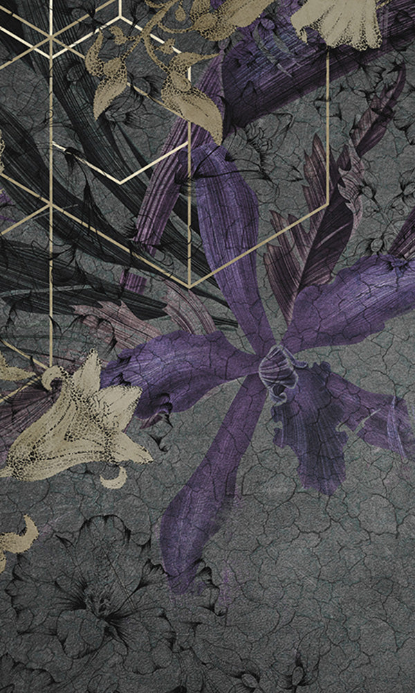 geometric floral on concrete mural wallpaper