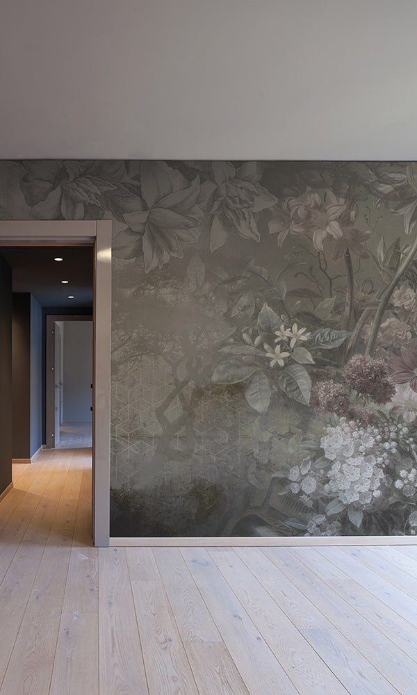 floral illustration on geometric mural wallpaper