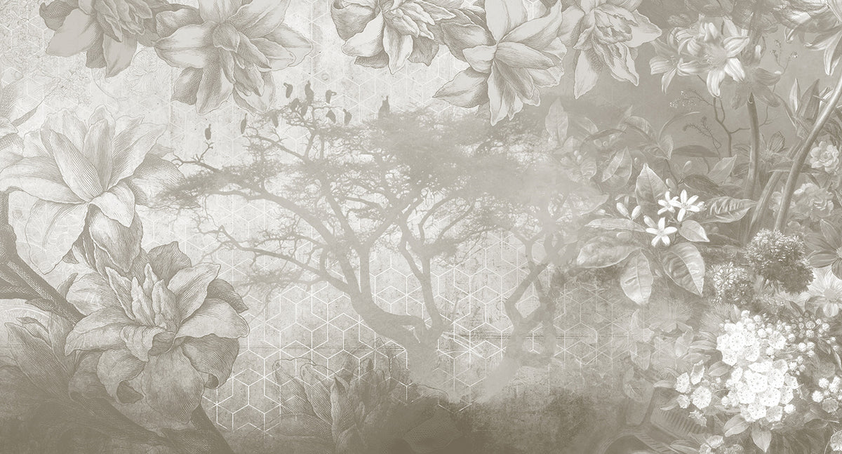 floral illustration on geometric mural wallpaper