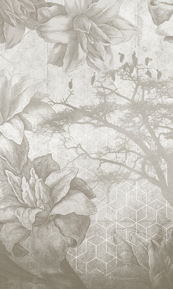 floral illustration on geometric mural wallpaper