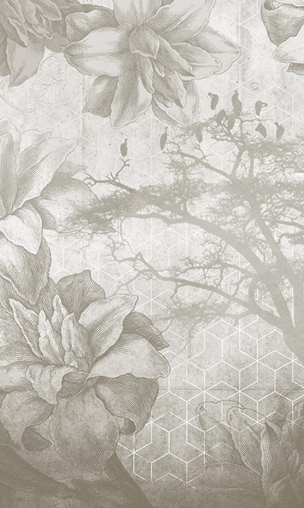 floral illustration on geometric mural wallpaper