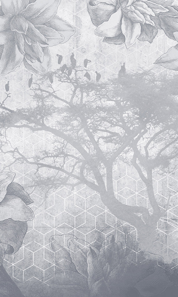 floral illustration on geometric mural wallpaper