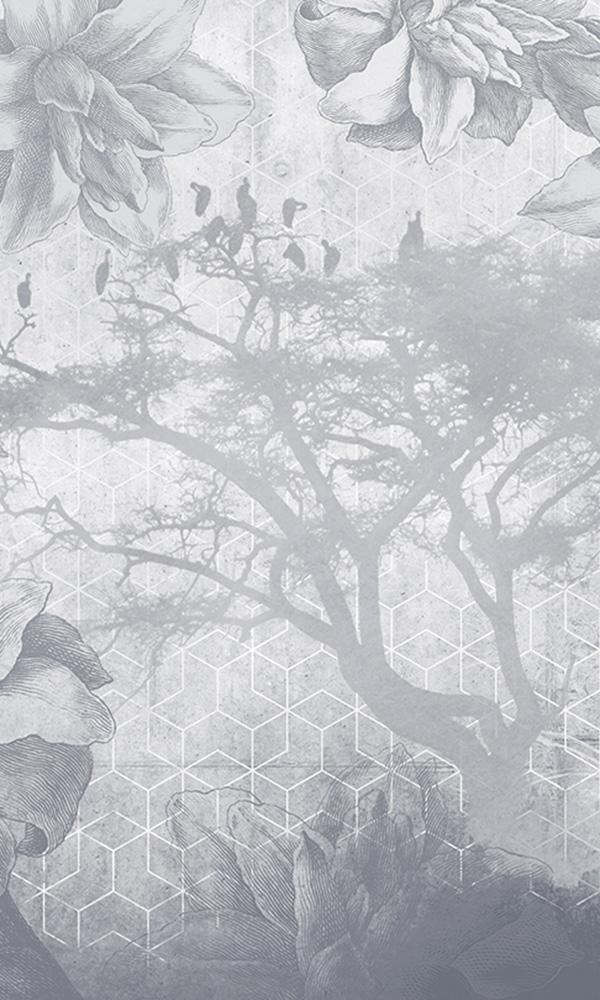 floral illustration on geometric mural wallpaper
