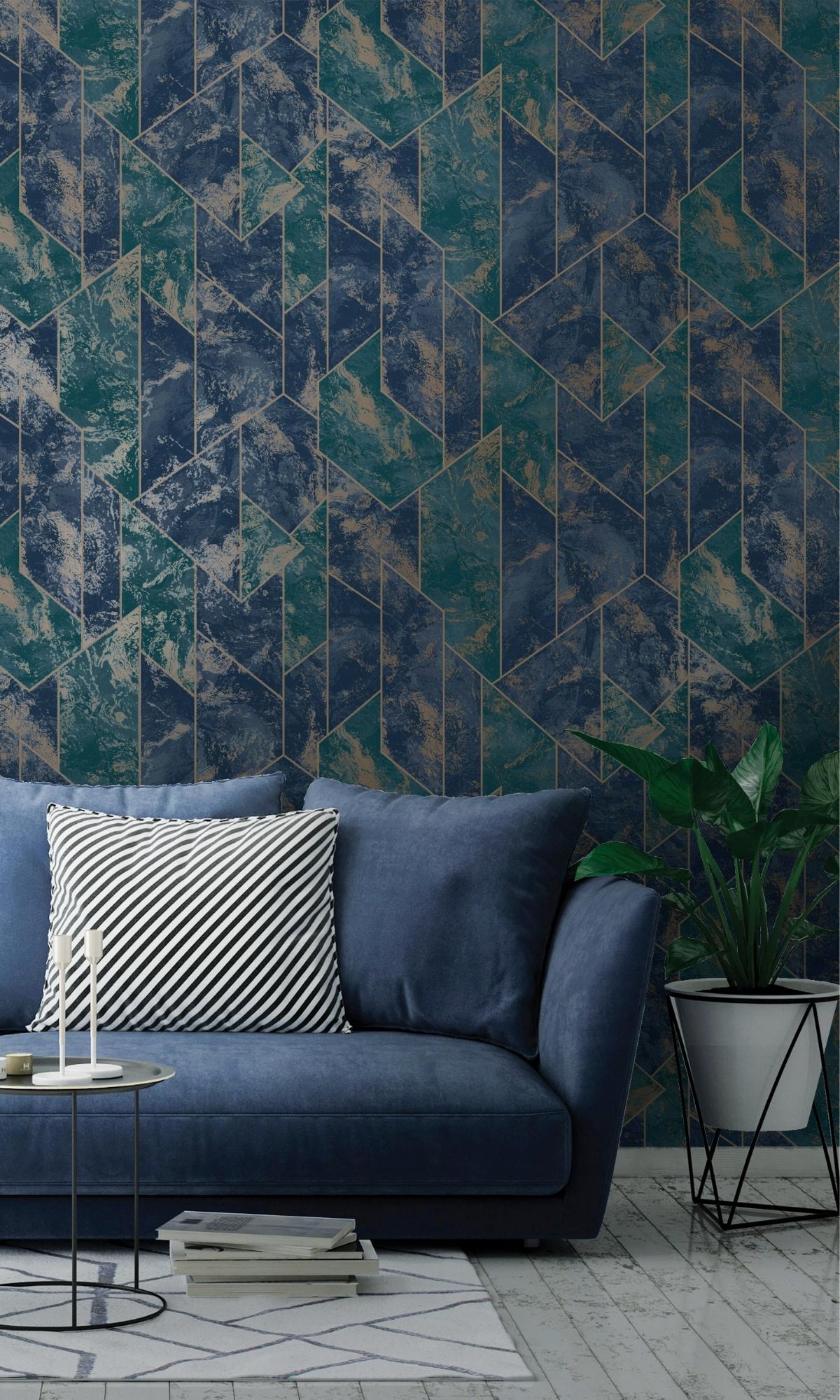 Navy Marble Geometric Stripes Wallpaper R7598