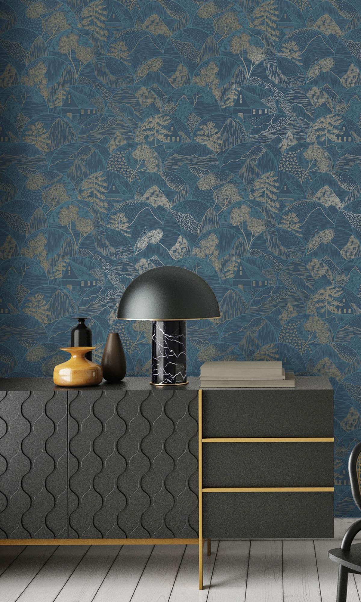 Navy Tropical Oriental Metallic Wallpaper R7706
