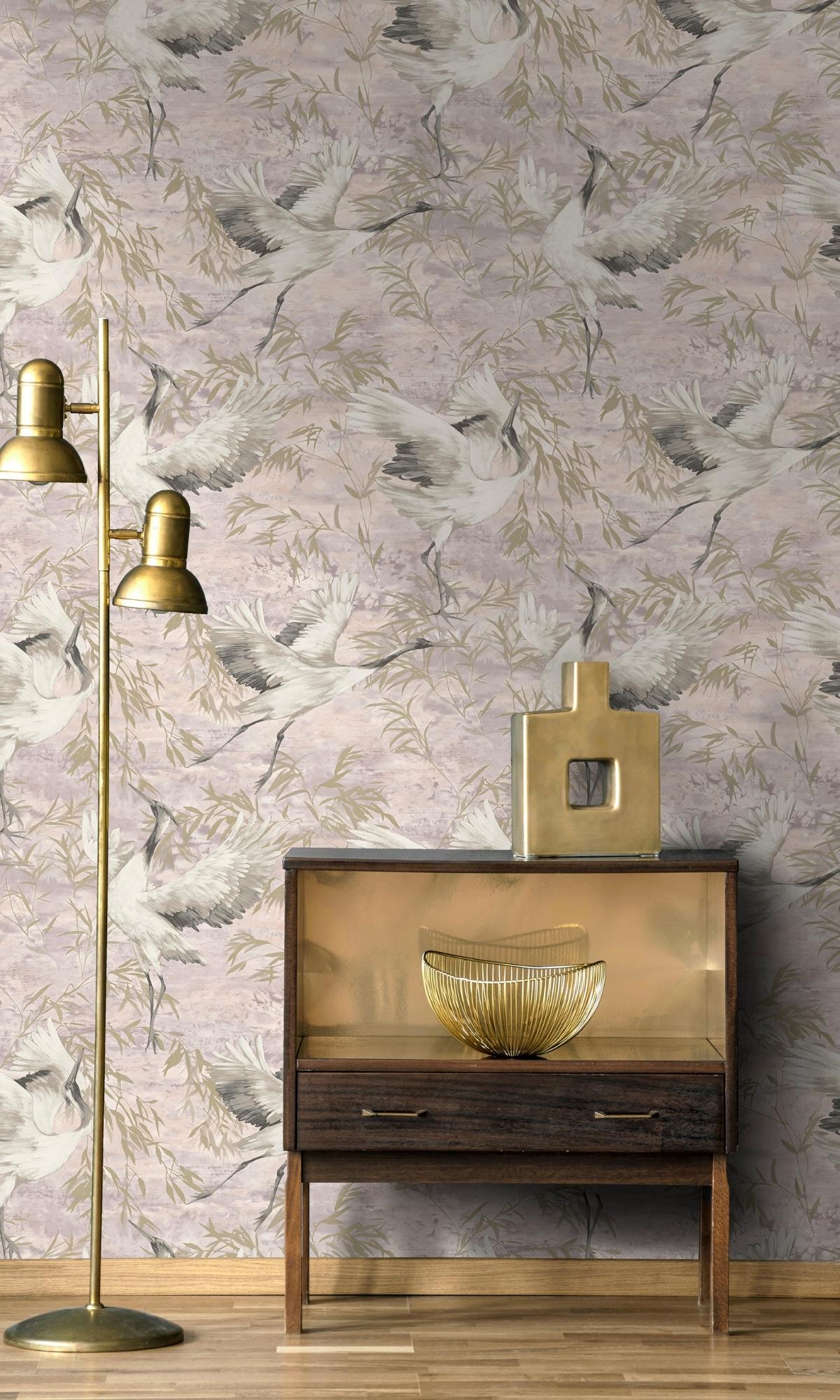 Pink Sarus Crane in the Field Metallic Wallpaper R7588