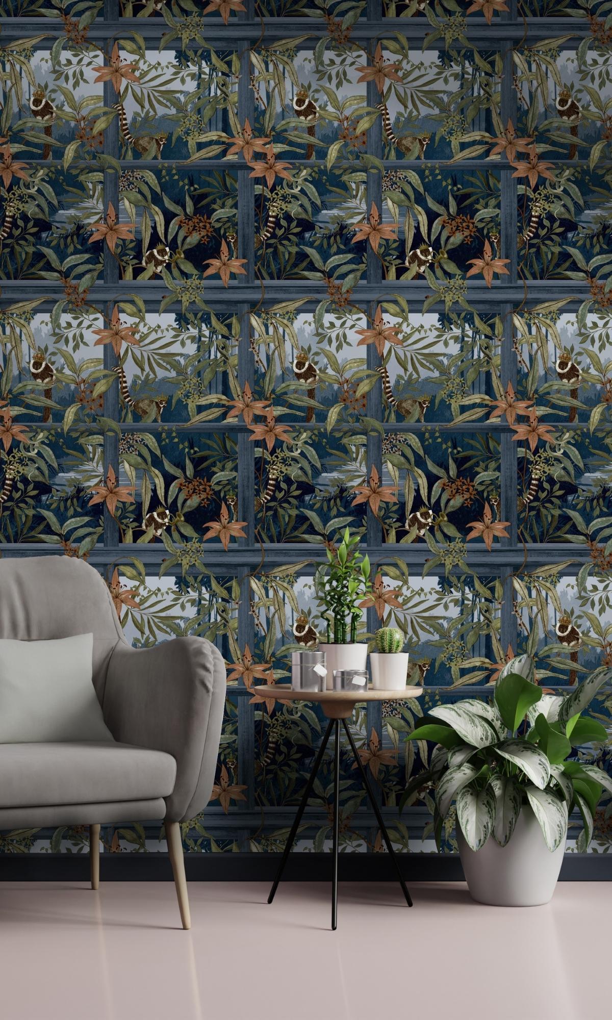 navy tropical print wallpaper