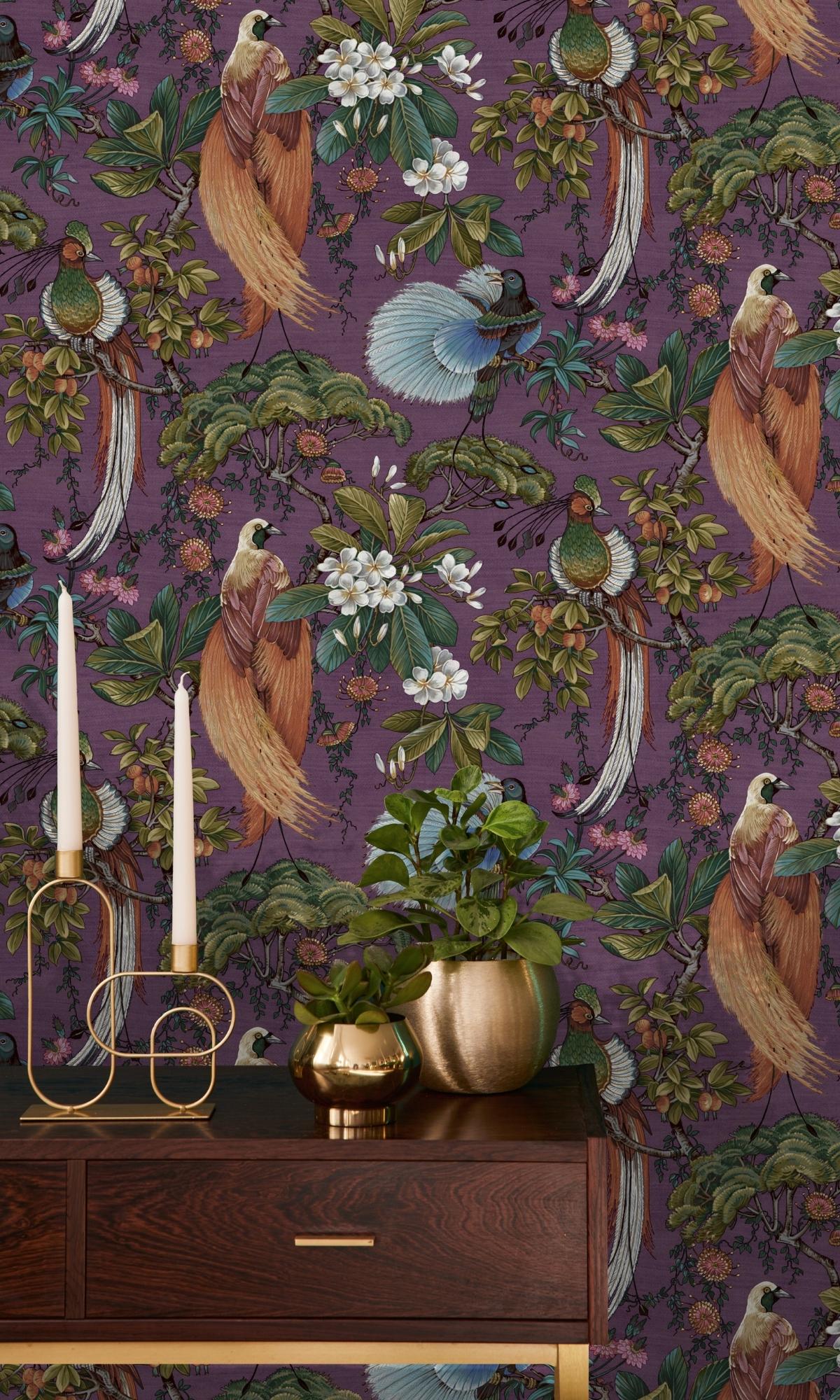 Plum Painted Oriental Birds and Trees Tropical Wallpaper R7559