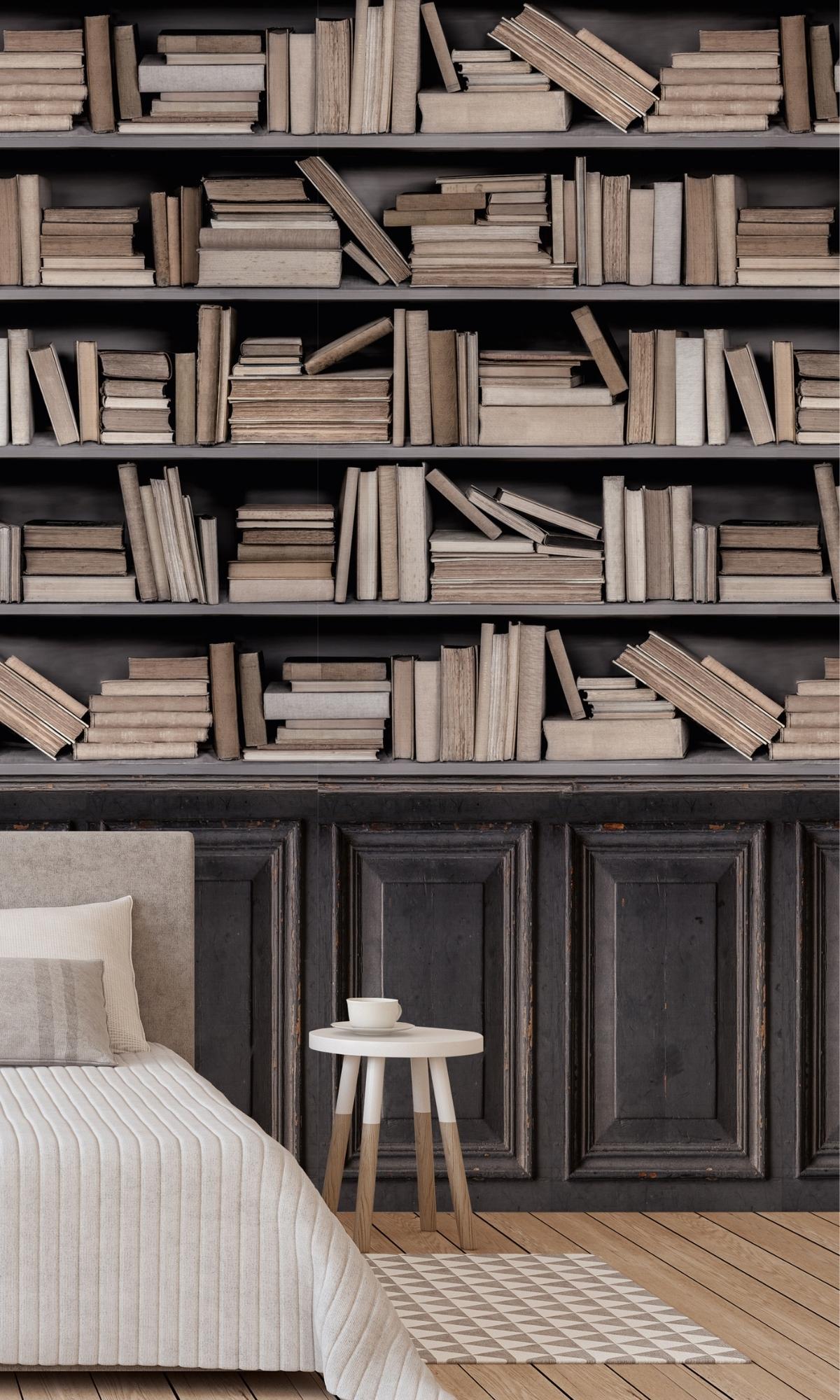 Brown Library Bookshelf Digital Wallpaper RM2042
