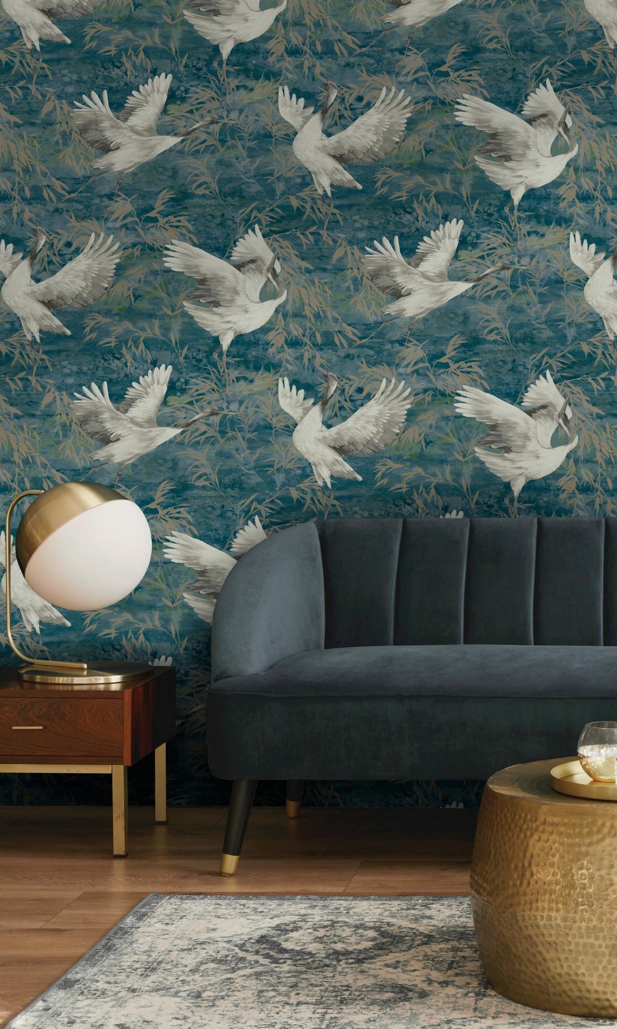 Teal Sarus Crane in the Field Metallic Wallpaper R7590