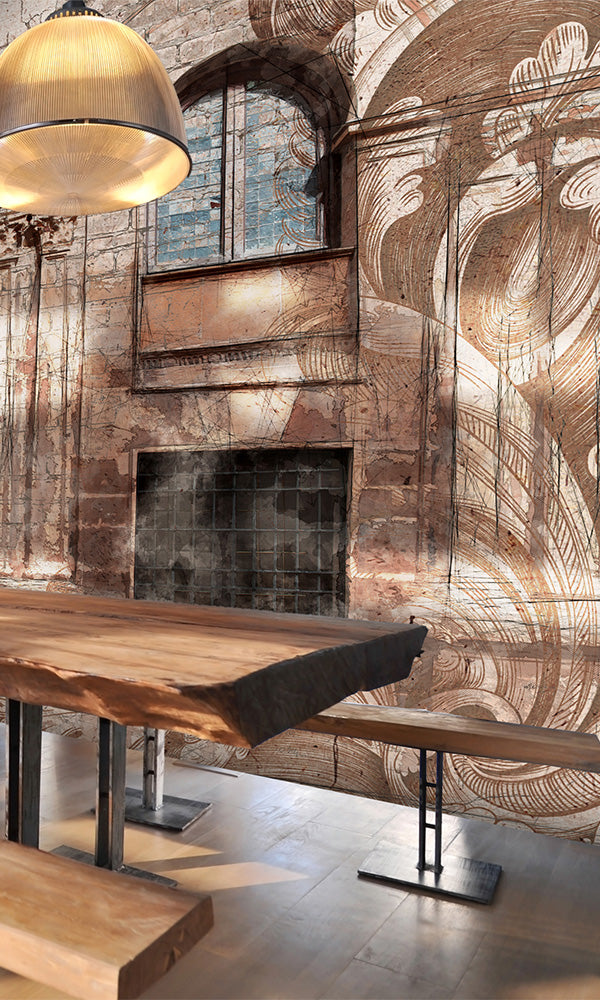 faux brick floral restaurant wallpaper