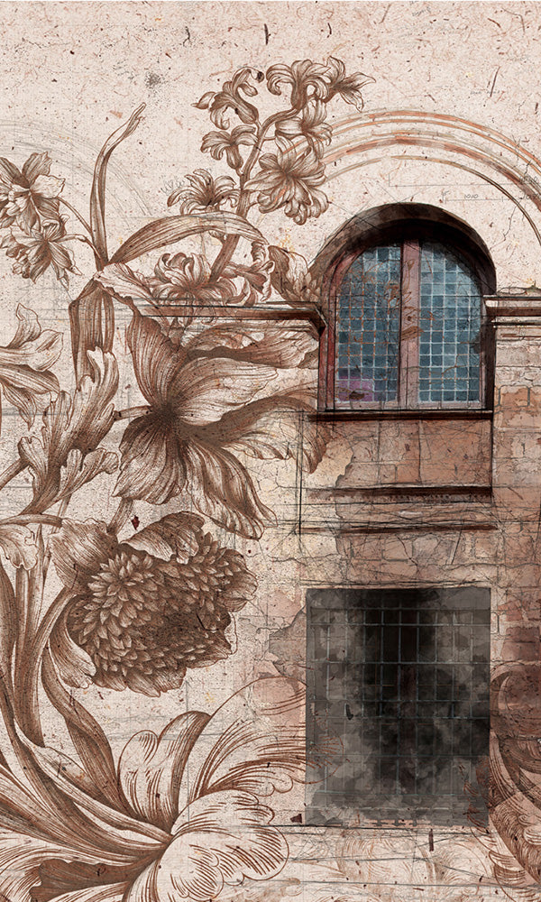 faux brick floral restaurant wallpaper