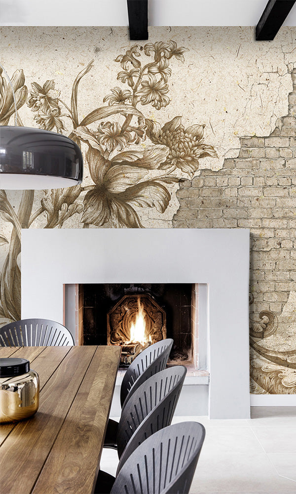 faux brick floral restaurant wallpaper
