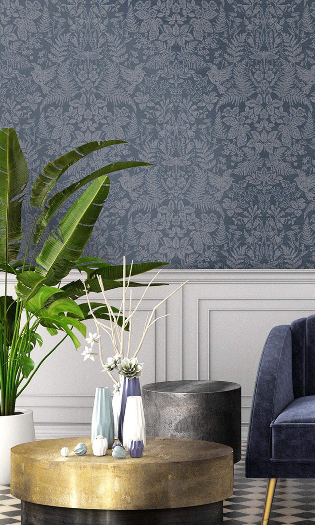 Navy  Floral Stitch Damask Wallpaper R7675
