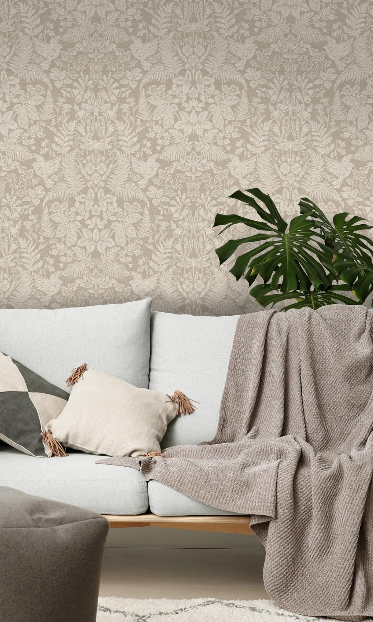 Taupe Floral Stitch Damask Wallpaper R7678