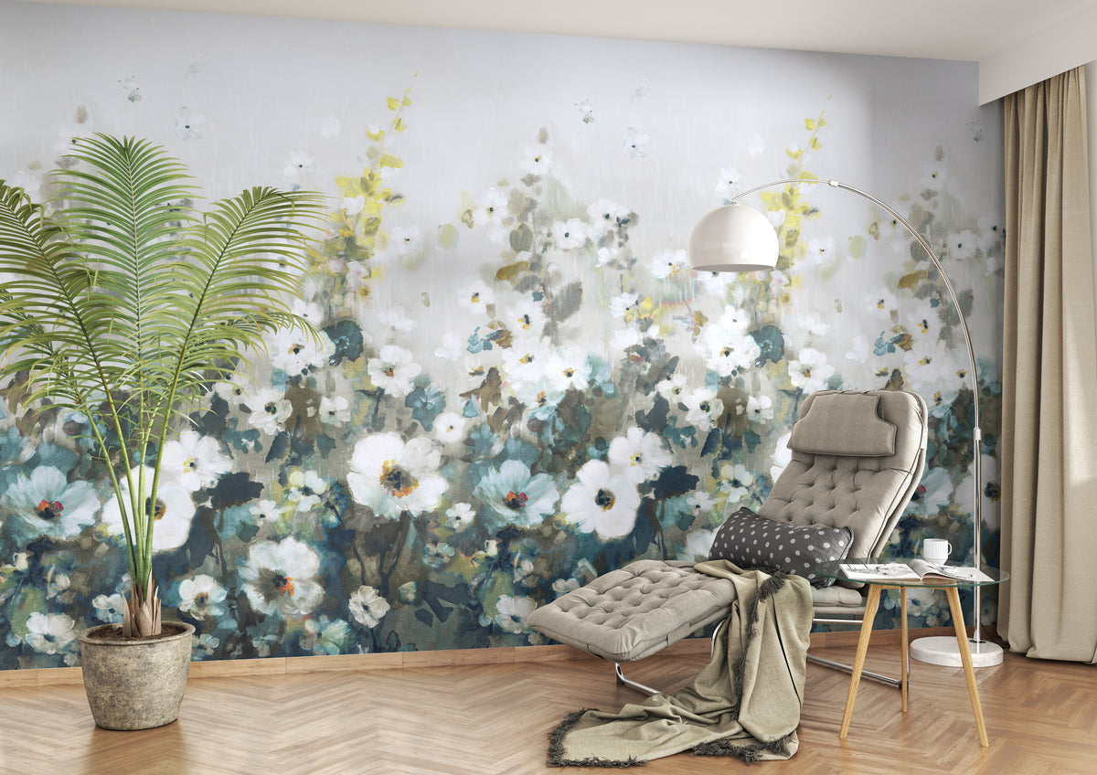 Turqouise Painted Flowers Floral Wallpaper RM2073