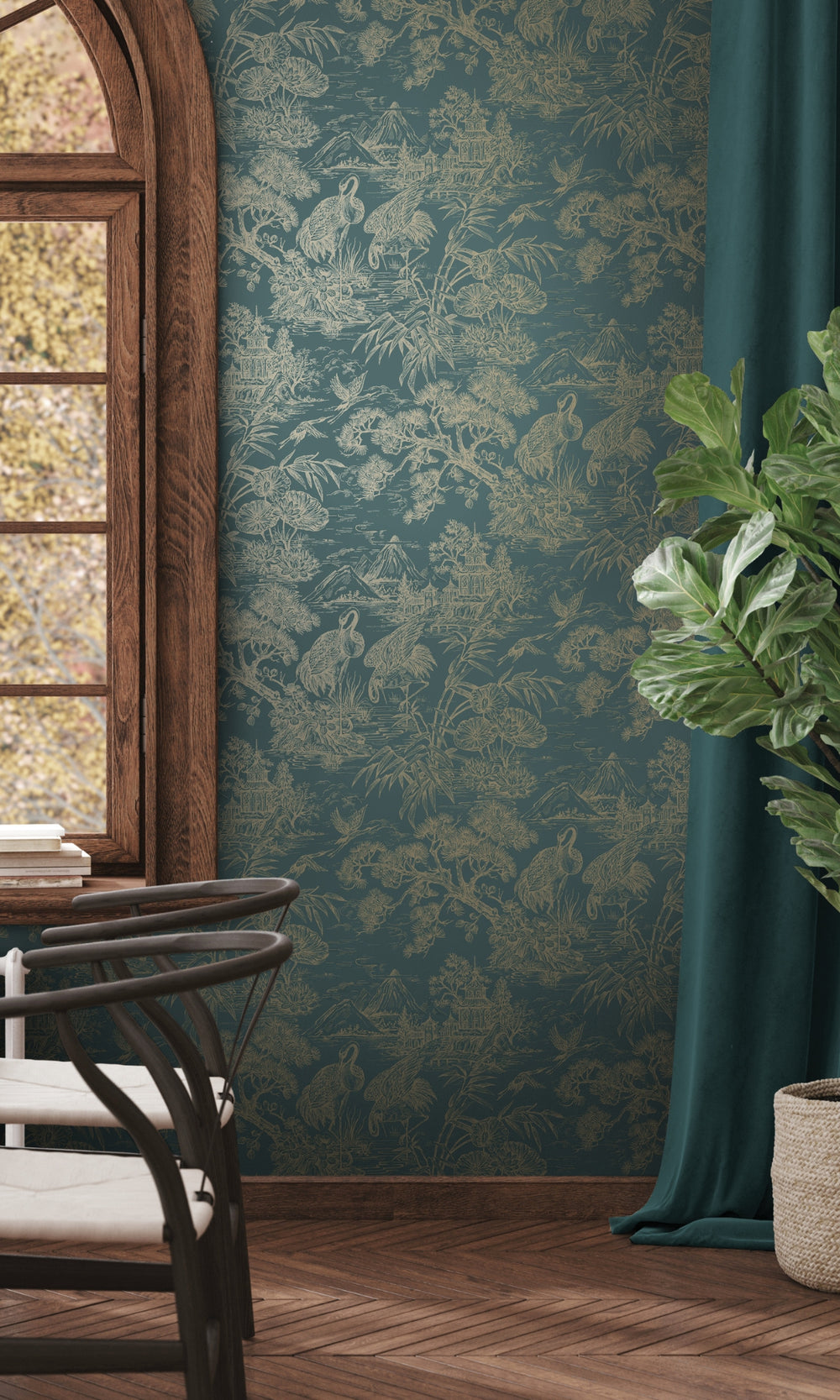 Aqua Gold Majestic Crane Tropical Wallpaper R8970