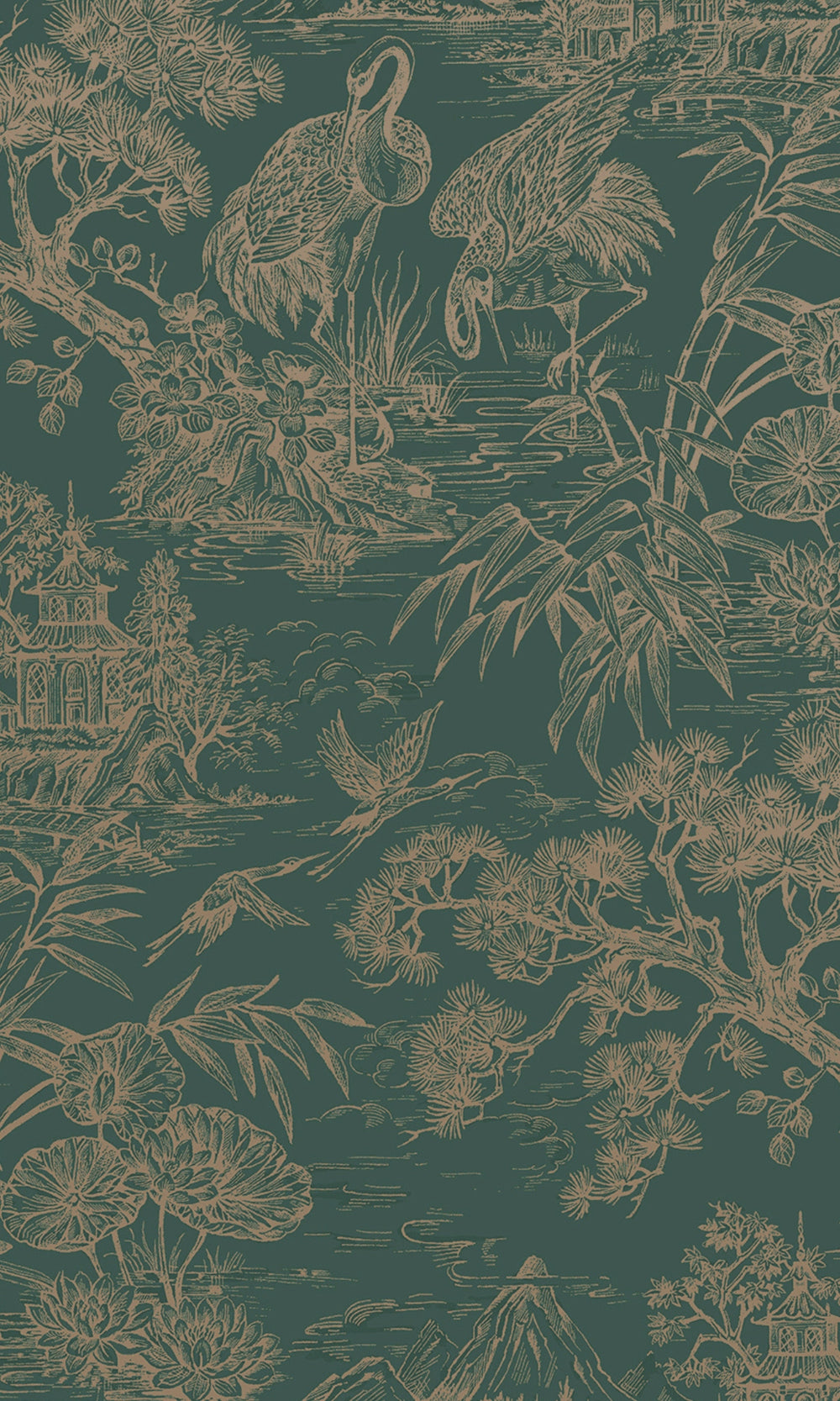 Aqua Gold Majestic Crane Tropical Wallpaper R8970
