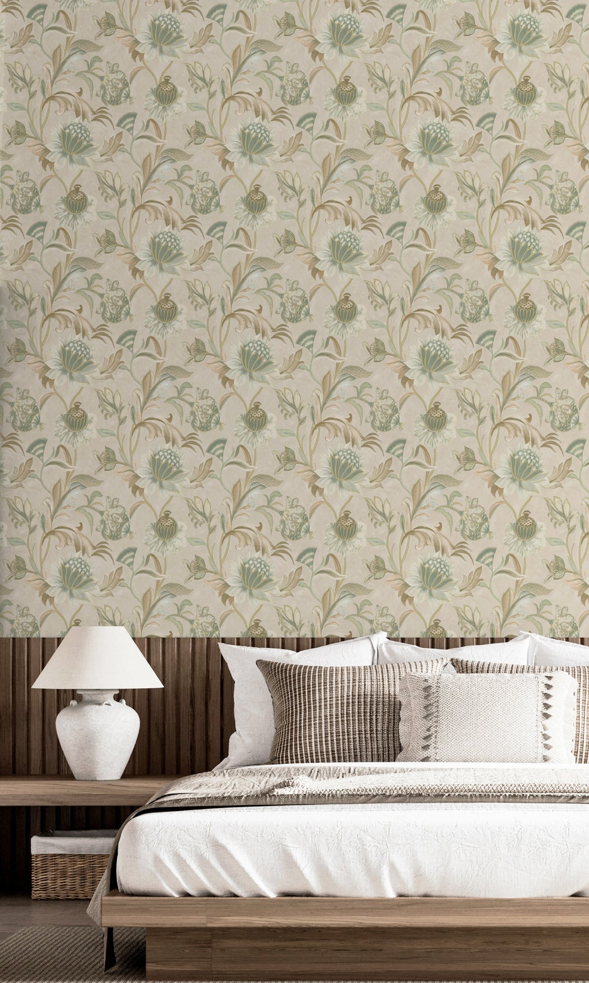 Beige Green Jacobean Style Floral Wallpaper R8944