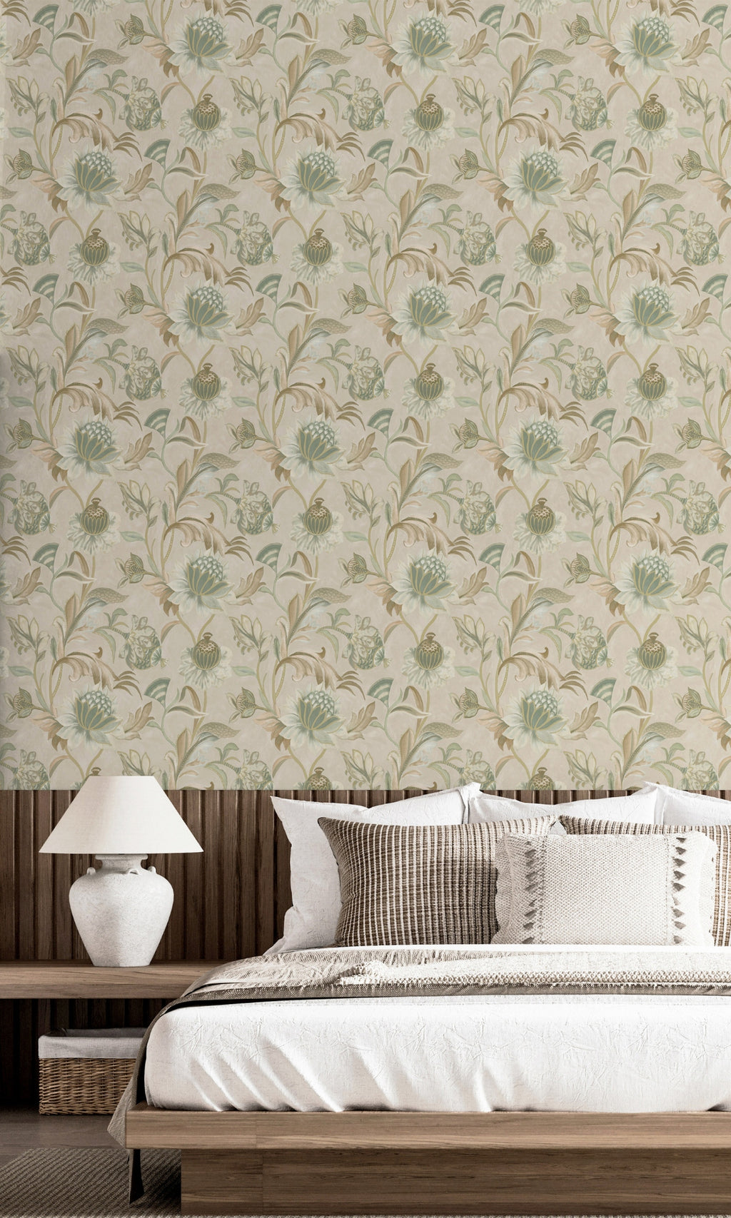 Beige Green Jacobean Style Floral Wallpaper R8944 – Walls Republic US