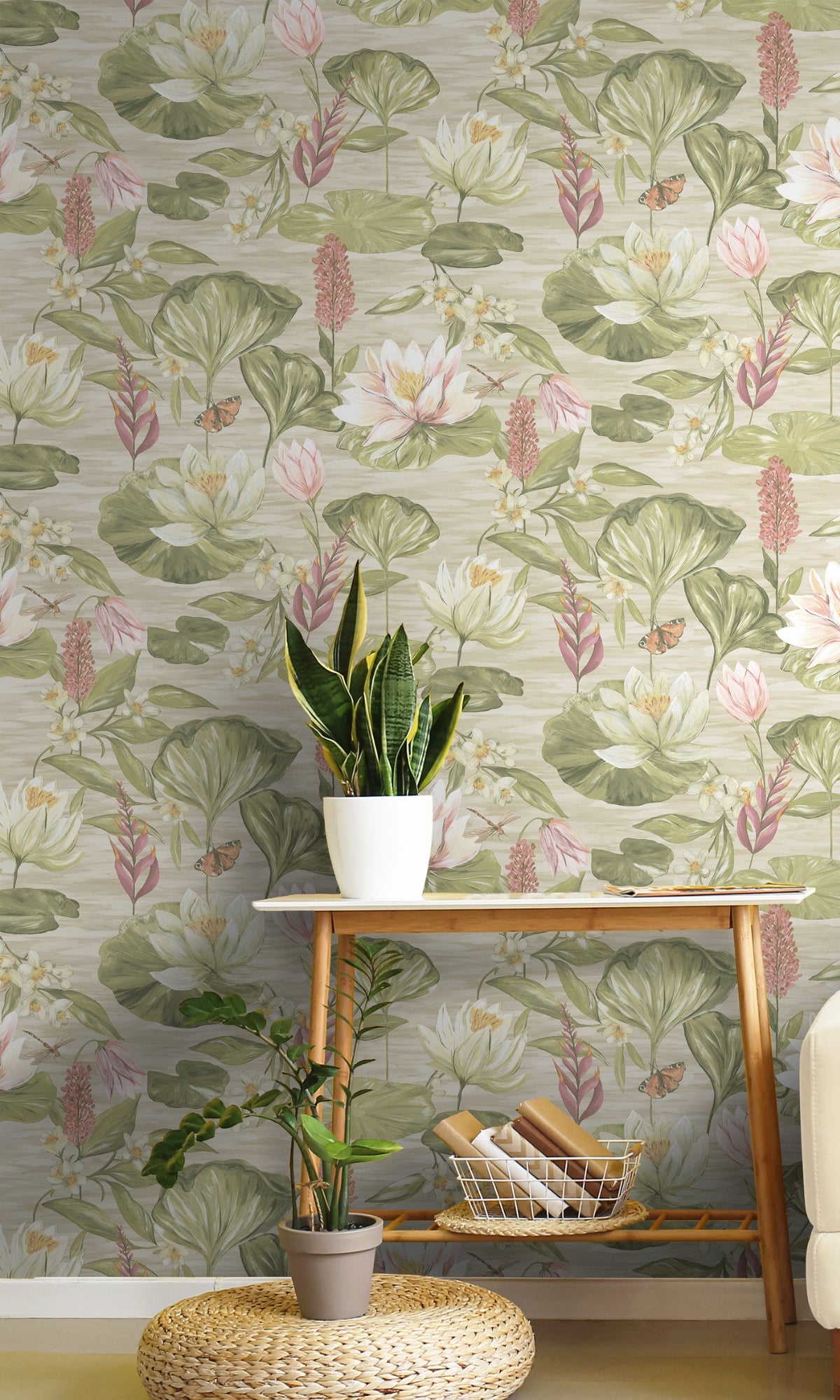 Beige Painted Waterlily Floral Wallpaper R8804