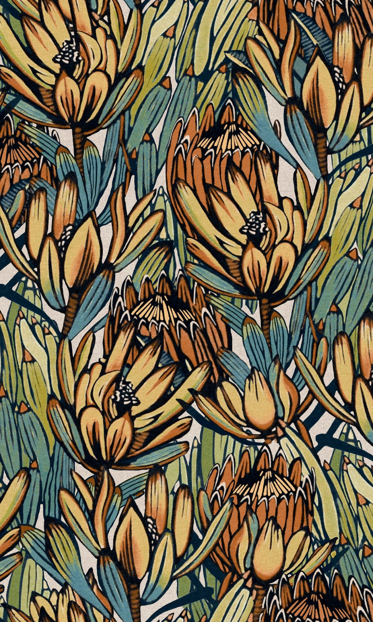 Beige & Blue Exotic Protea Flower Floral Wallpaper R9083