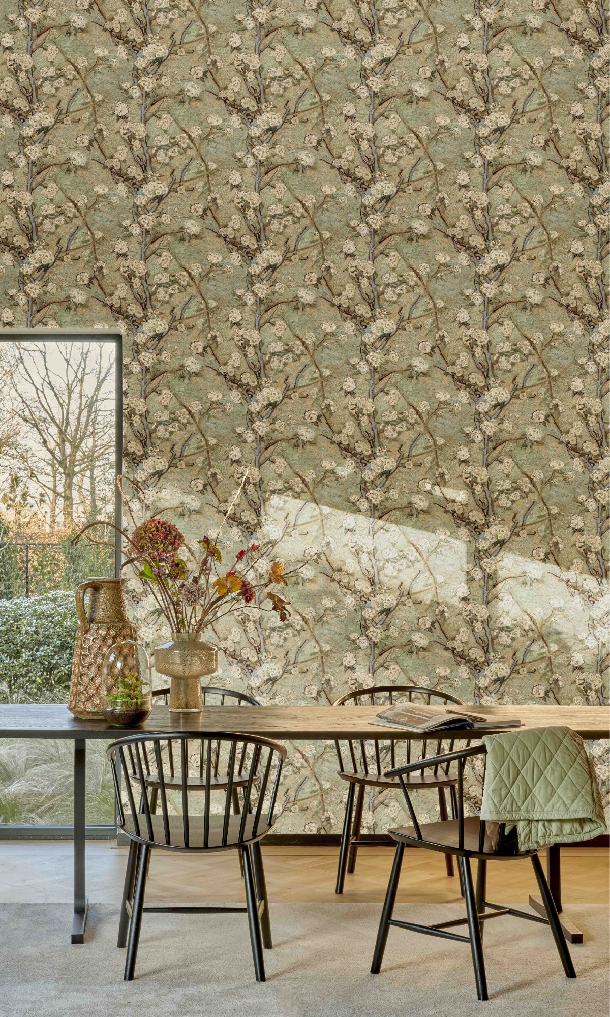 Beige & Green Blossoming Pear Tree Tropical Wallpaper R8477