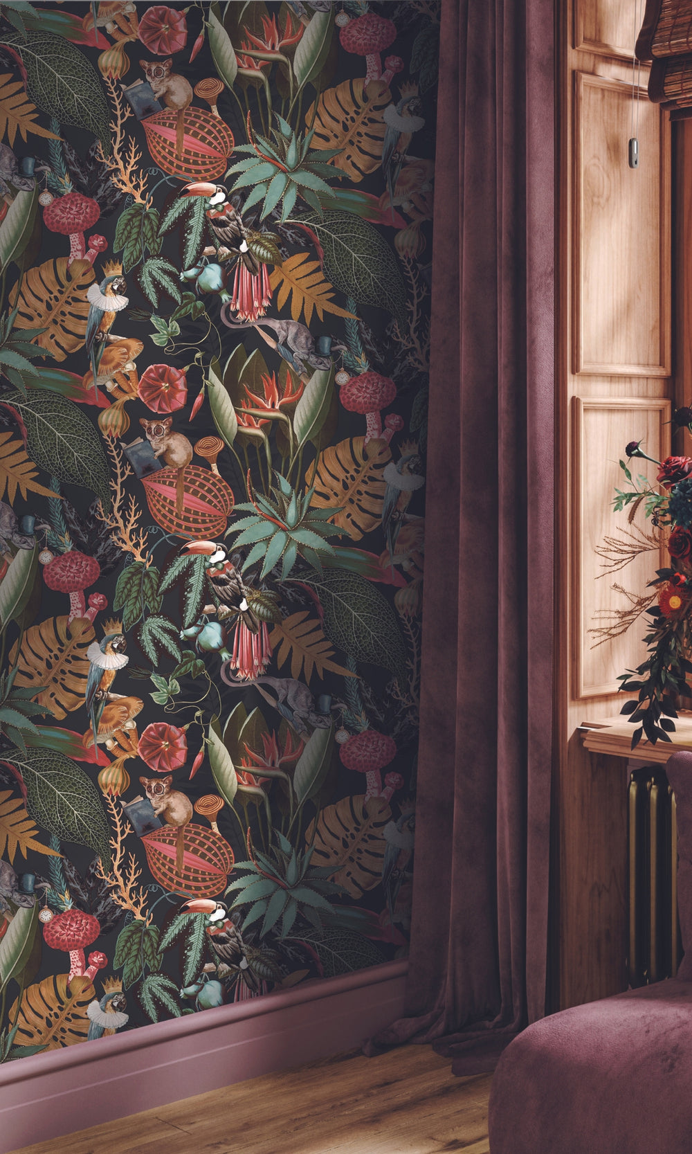 tropical soiree wallpaper, black tropical wallpaper, bedroom wallpaper ideas, black accent wall, black accent wall ideas, black wall ideas, black feature wall, black wall design ideas, black aesthetic wallpaper, toile wallpaper black, black artistic wallpaper, black art wallpaper, wallpaper black background plain, black vintage wallpaper, black retro wallpaper
