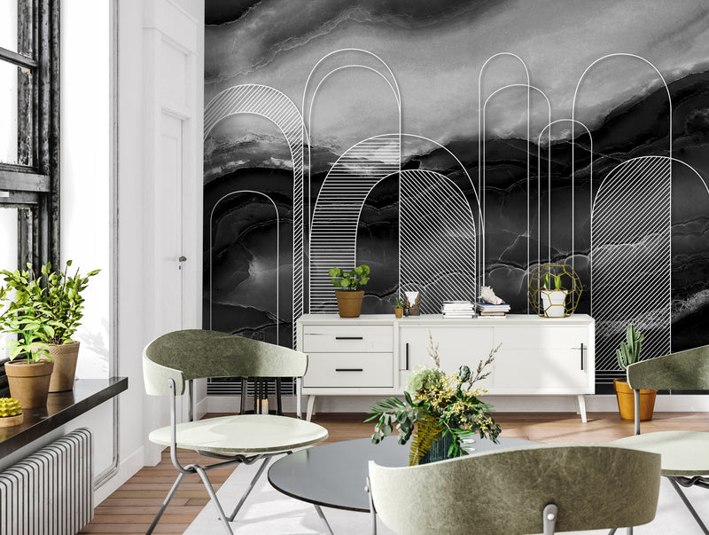 Black And White Marble with abstract Muqarnas Mural Wallpaper M1335