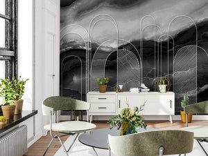 Black And White Marble with Abstract Muqarnas Mural Wallpaper M1345