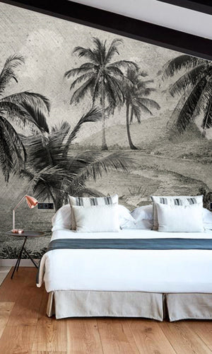 Black And White Road through Palms Mural Wallpaper M1172