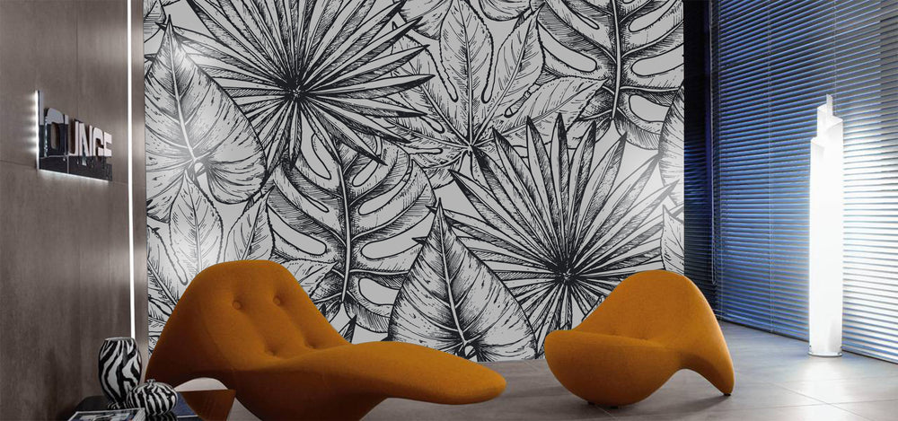 Black And White Sketch of Leaves Wall Mural M1164