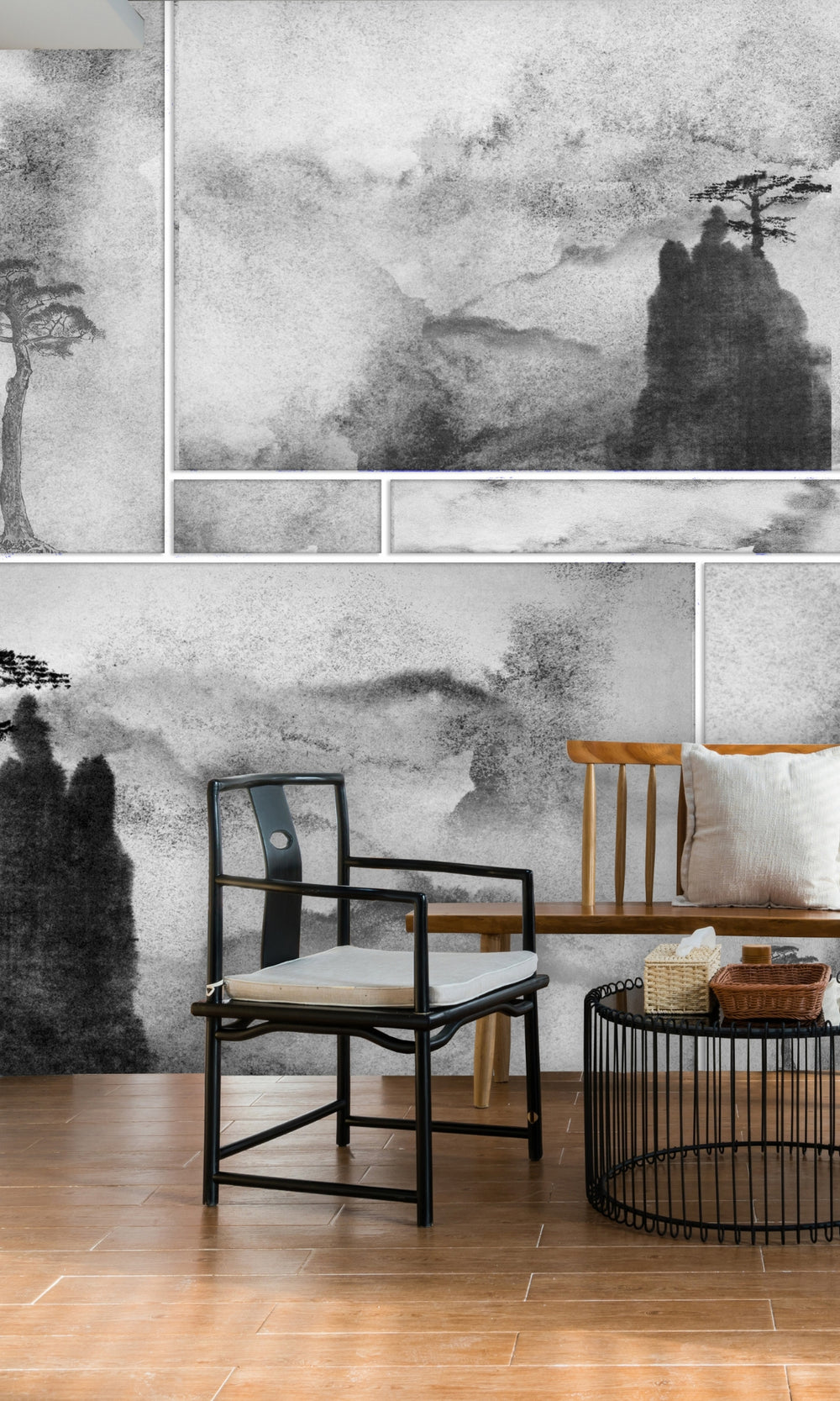 Black And White Watercolor Japanese Mural Wallpaper M1342-Sample