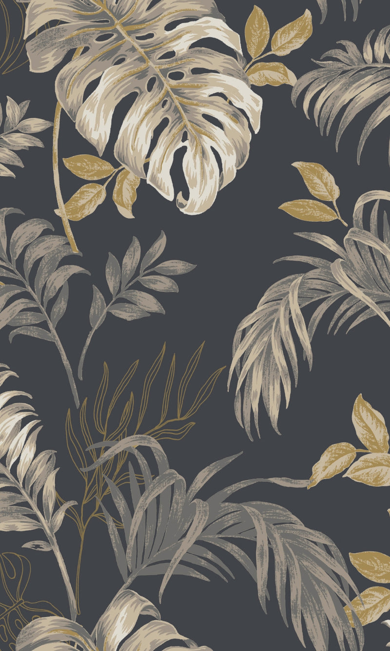 Black Tropical Leaves Botanical Wallpaper R9335 – Walls Republic US