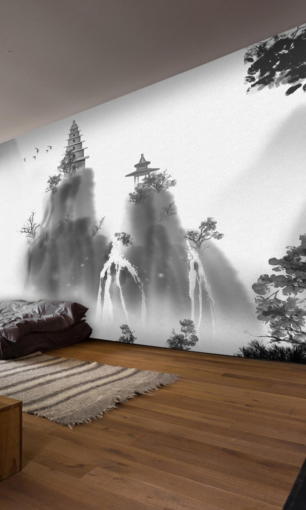 Black & White Japanese Temple Mountain Wall Mural M1158