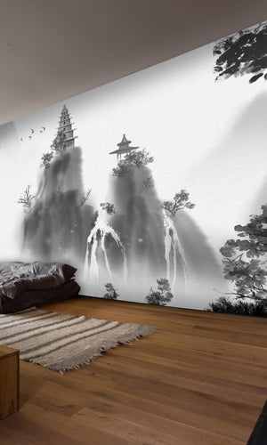 Black & White Japanese temple on top of a Mountain Mural Wallpaper M1158