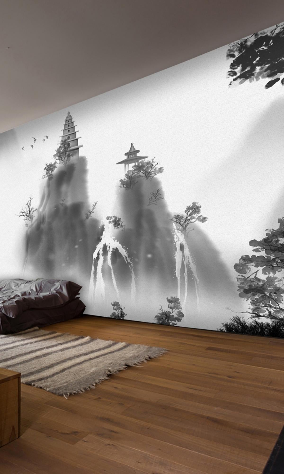 Black & White Japanese temple on top of a Mountain Mural Wallpaper M1158-Sample