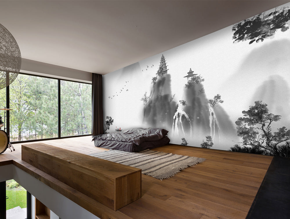 Black & White Japanese Temple Mountain Wall Mural M1158