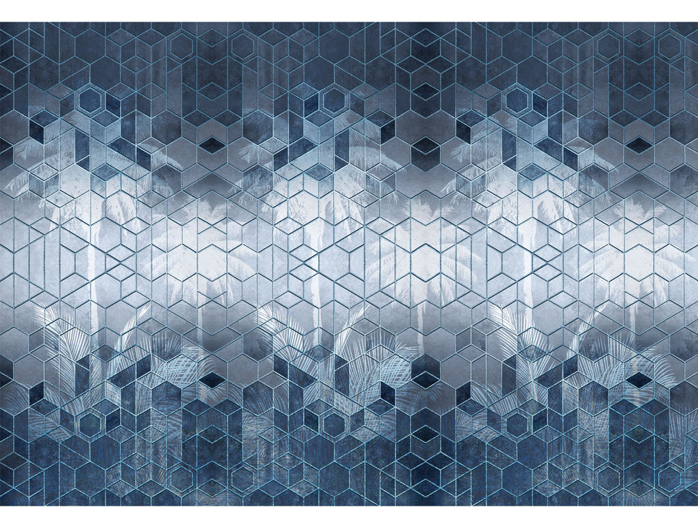 Blue Geometric Abstraction of Hexagons Wall Mural M1307