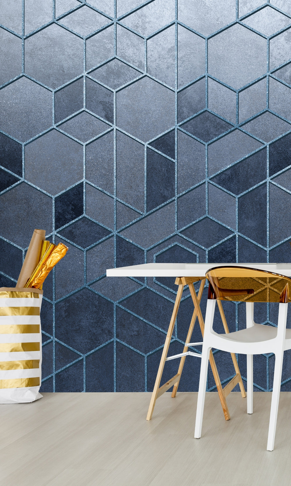 Blue Geometric Abstraction of Hexagons Wall Mural M1307
