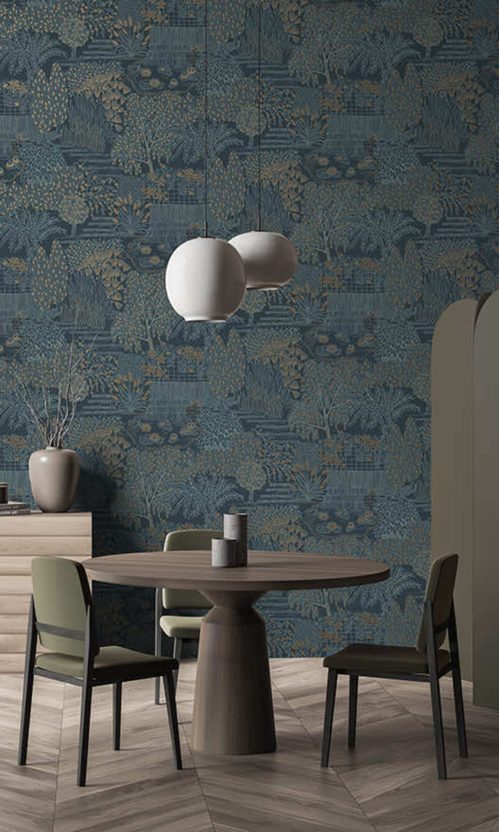 Blue Japanese Gardens Inspired Tropical Wallpaper R8426