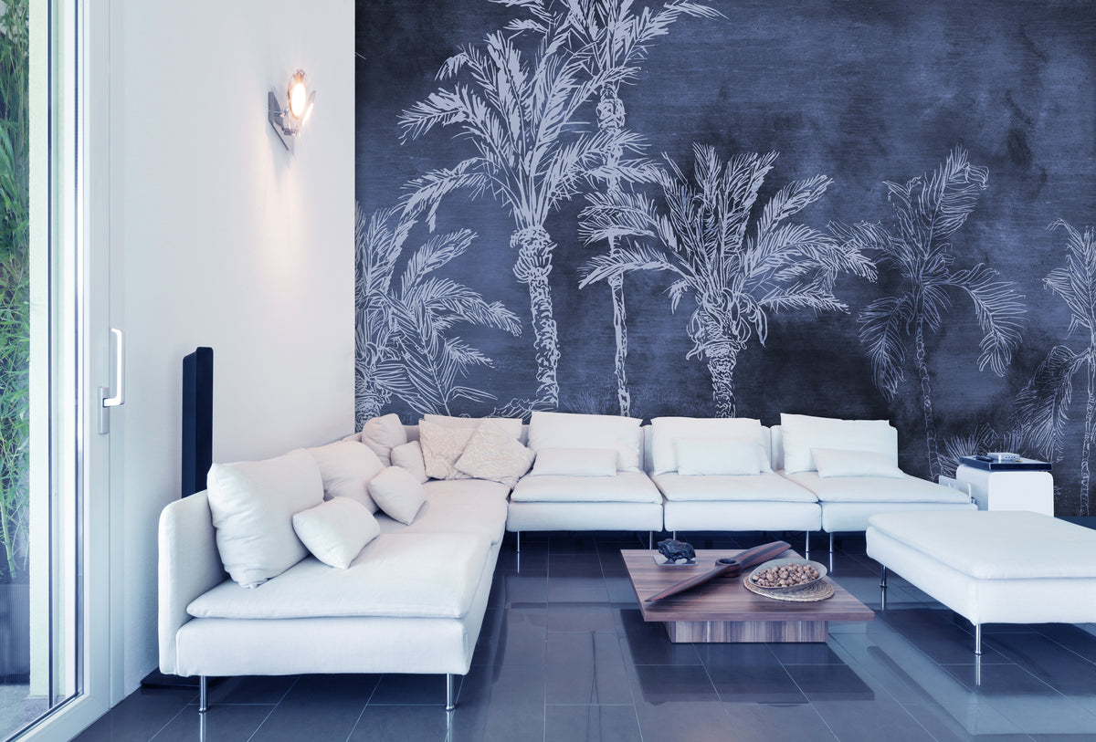 Blue Palms Tropical Mural Wallpaper M1441-Sample