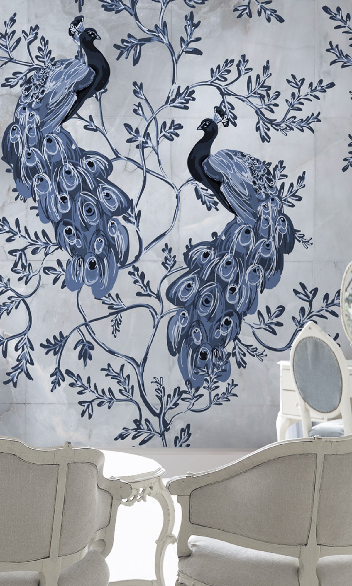 Blue Peacocks and Blooms Mural Wallpaper M1448