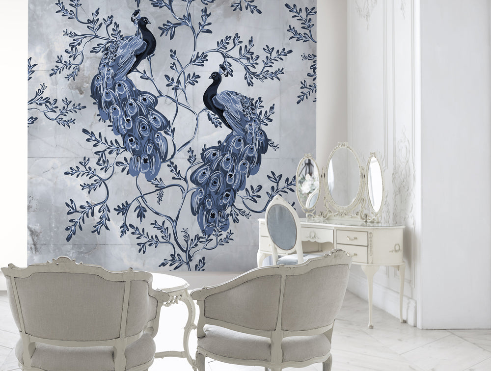 Blue Peacocks and Blooms Wall Mural M1448