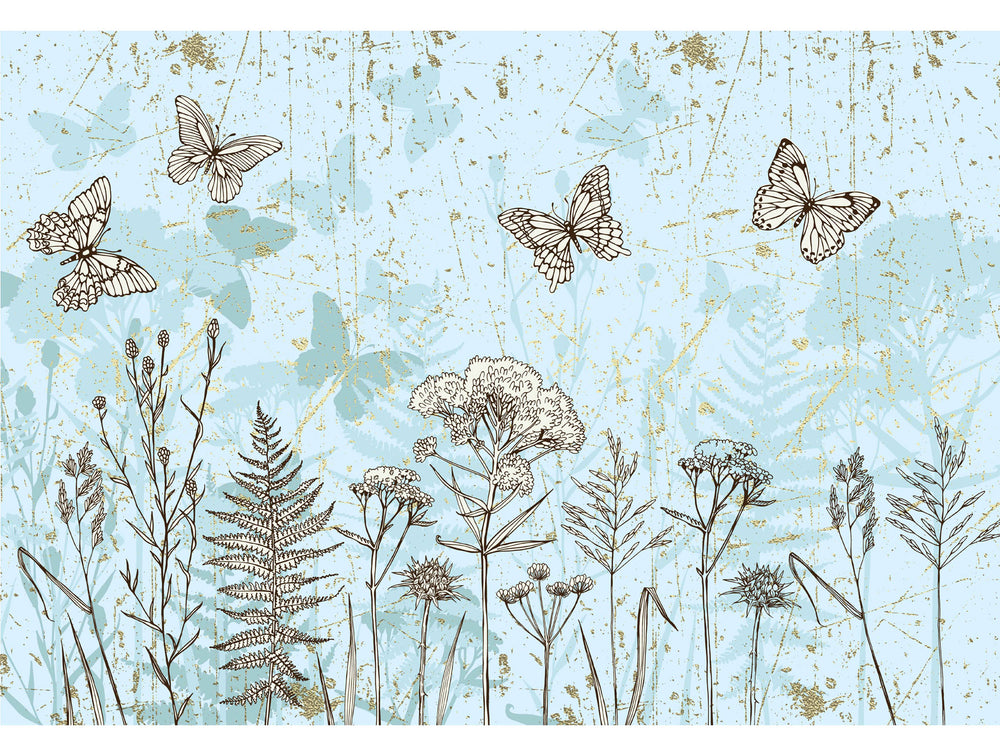 Blue Plants and Butterflies Wall Mural M1427